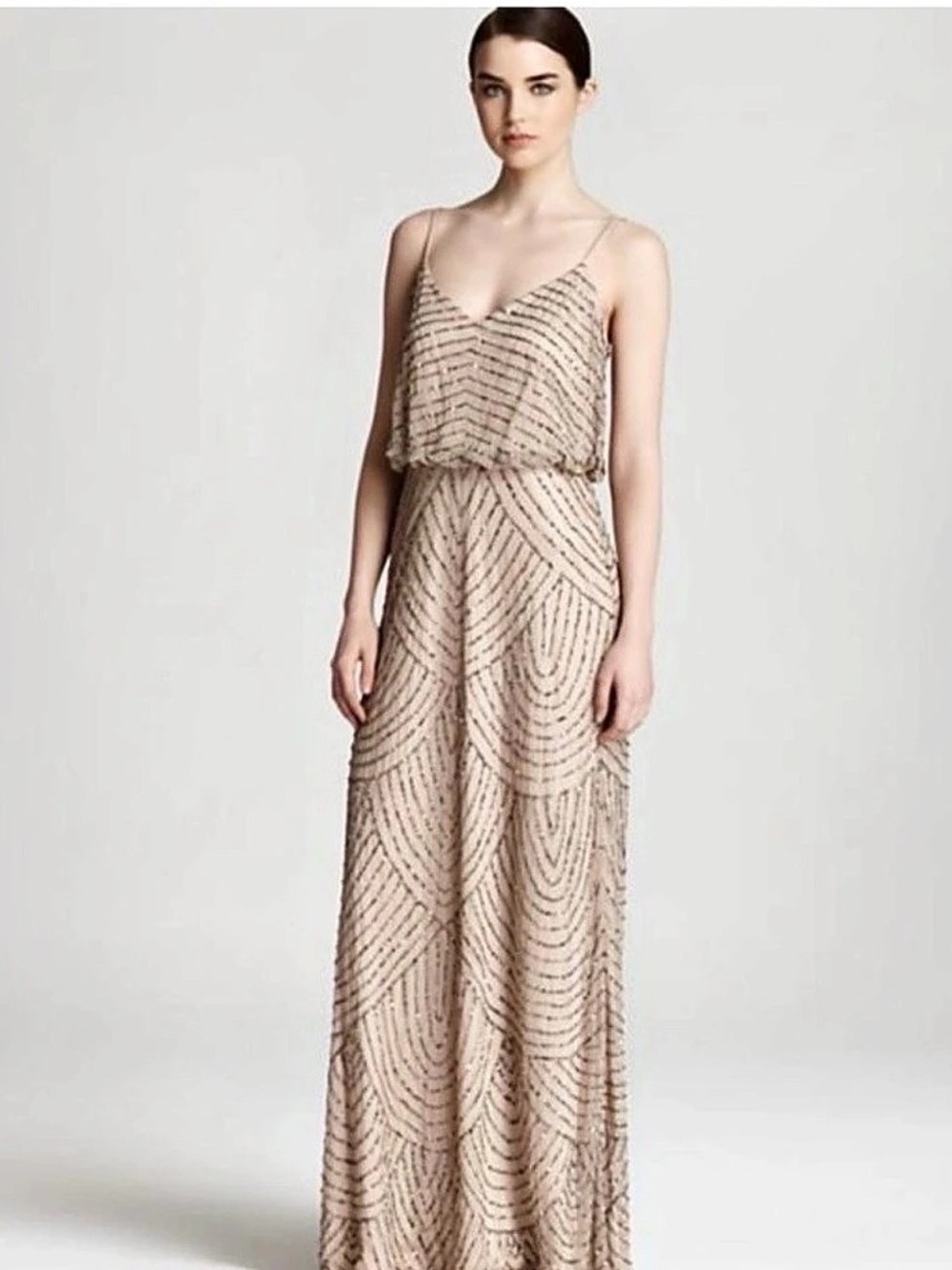 Adrianna Papell Art Deco Beaded Blouson Gown Pink & Black Maxi Dress